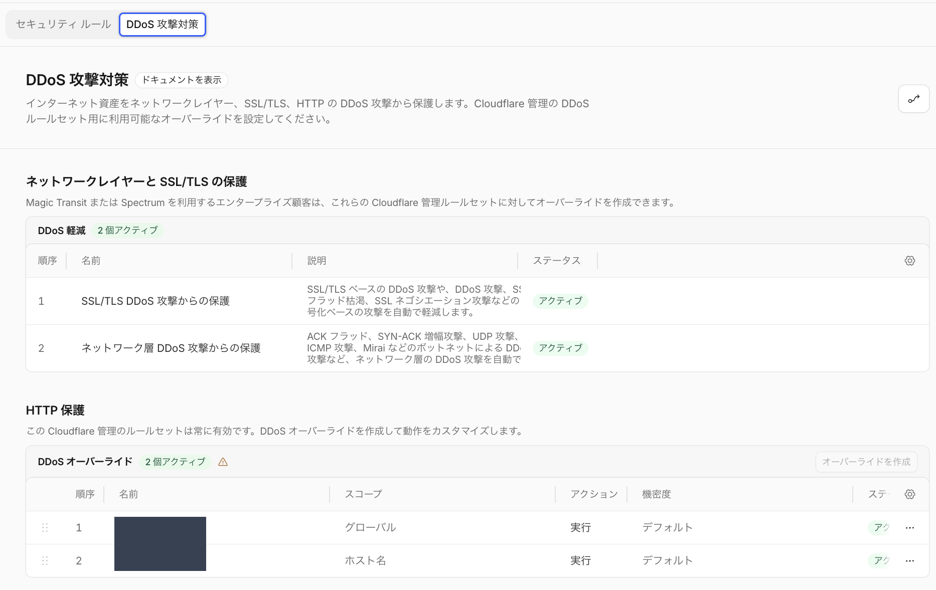 DDoS 攻撃対策タブ